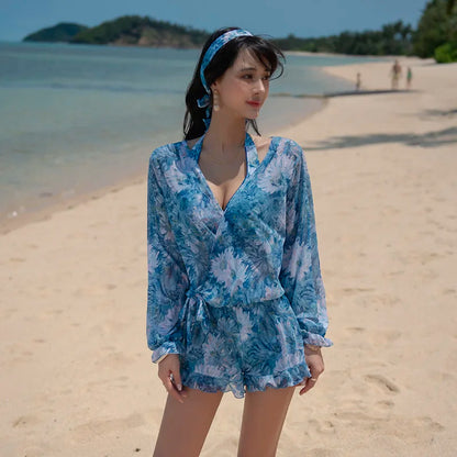 Swimsuit 4 Pieces Bikini Sets Women Swimwear Printed Underwired Mesh Long Sleeve Cover Up High Waist Shorts Headband 2023 New