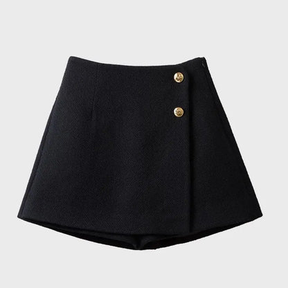 Tweed Wide Leg Shorts Skirts Women Chic Empire All-match Button Minority Elegant A-line Autumn Winter Thick Popular Daily Female