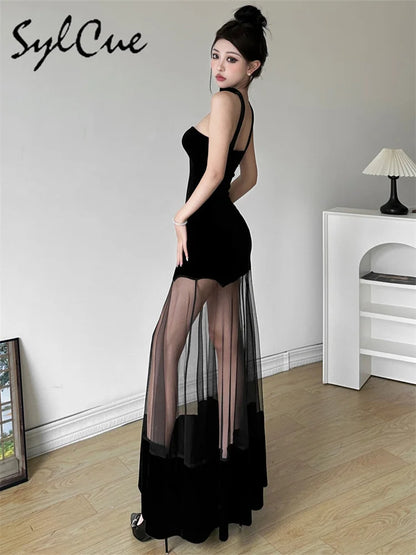 Sylcue Winter Party Black Mysterious Sexy Mature Beautiful Elegant Graceful Sweet Gentle Women'S Halter Tulle Stitching Dress