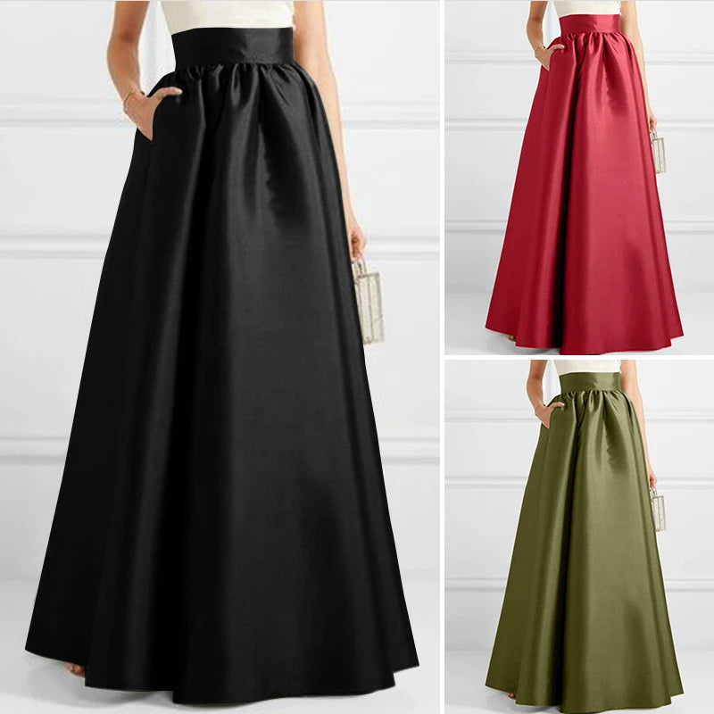 ZANZEA Bohemian Women Satin Silk Black Long Skirts Elegant Solid A-Line Party Jupes Femme Waist Zipper Oversized Casual Dresses