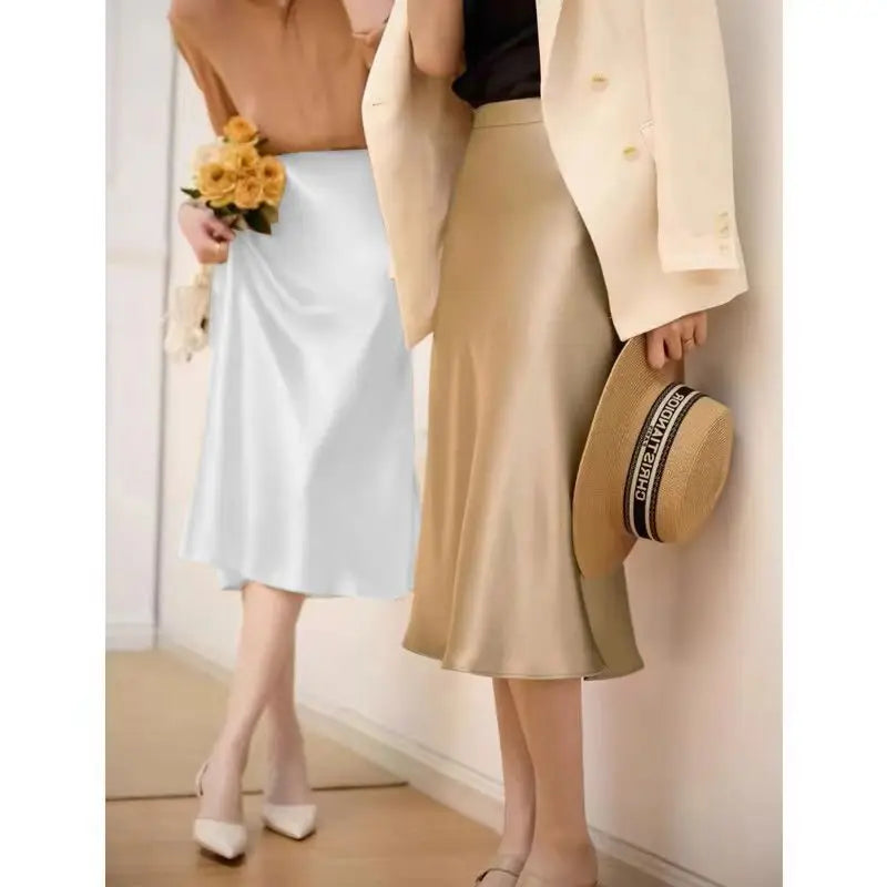 Fashion Oversized Women Clothing Satin Skirts Summer Temperament Solid Color High Waist A-line Skirt Female Simplicity Skirt