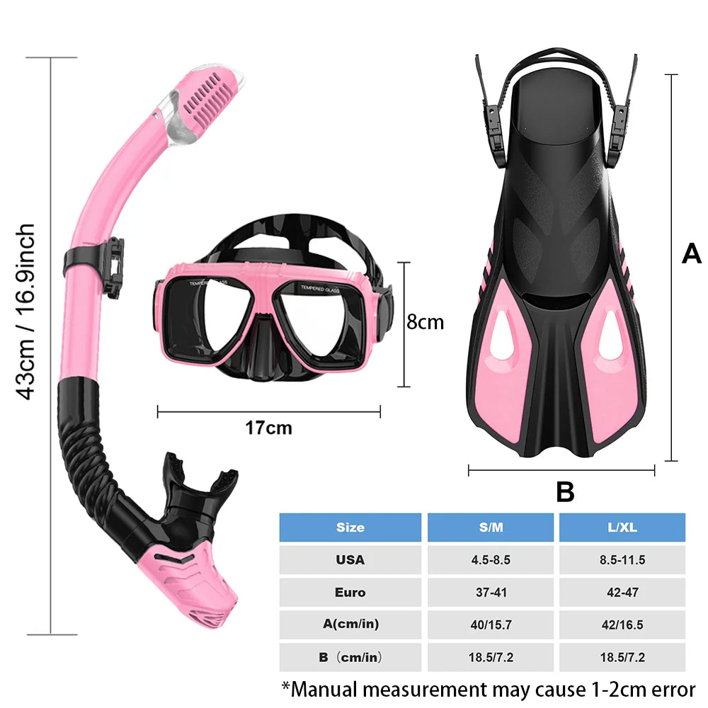 Diving Mask Fin Snorkel Set for Adult Panoramic View Snorkel Mask Adjustable Dive Flipper Dry Top Snorkel and Travel Bag