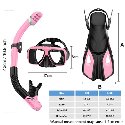 Diving Mask Fin Snorkel Set for Adult Panoramic View Snorkel Mask Adjustable Dive Flipper Dry Top Snorkel and Travel Bag