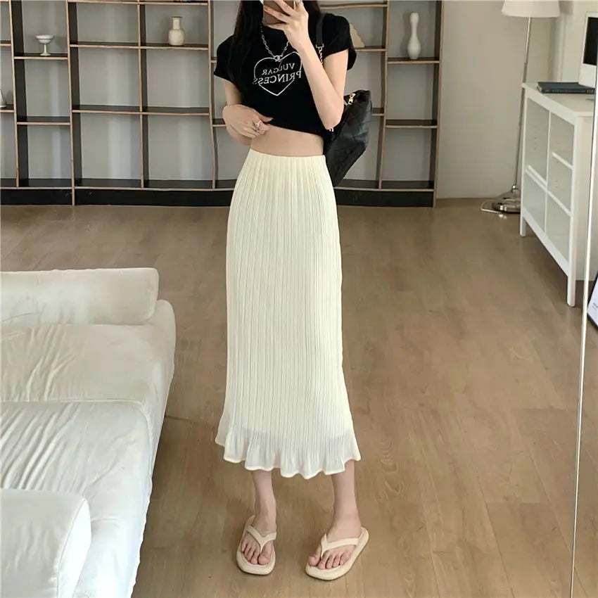 Summer New Fashion Solid Spring Wrapped Hip Fishtail Skirt Women Patchwork Elastic Waist Elegant Gentle Mid Length A-line Skirts