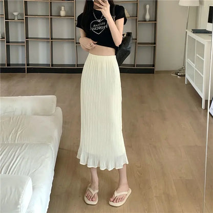 Summer New Fashion Solid Spring Wrapped Hip Fishtail Skirt Women Patchwork Elastic Waist Elegant Gentle Mid Length A-line Skirts