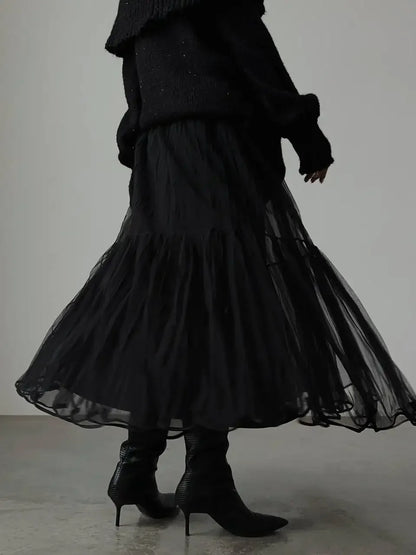 Hirsionsan Pleated Cake Skirts Women 2024 New Korean Harajuku Sweet Lace Skirt Ladies Elegant Party Ball Gown Female Mesh Skirt