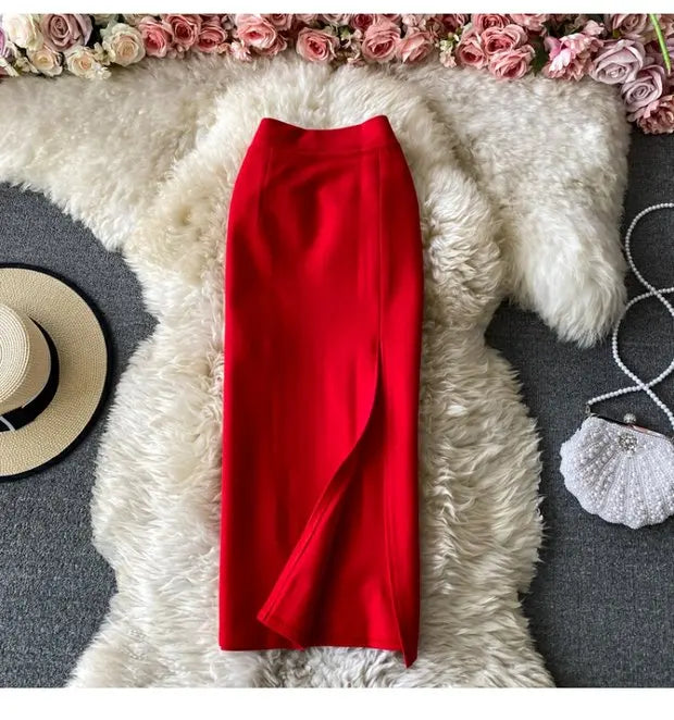 Faion High Waist  Color Midi Skirt Slimming Elastic Slit One Step OL Busin Bodycon Skirt Young Women Commute Sle
