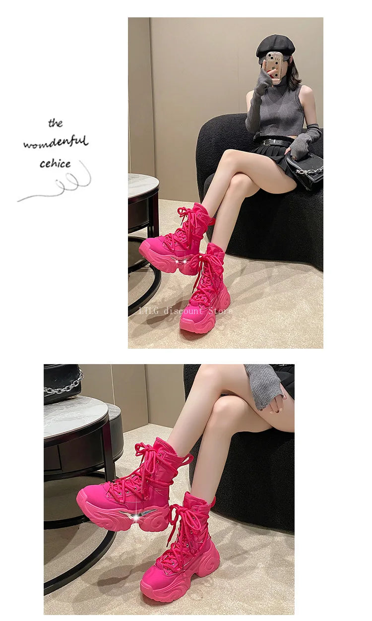 Women's Pink Boots Platform New in  Calf High Boot Woman Winter Girl's Ankle Bootie White Sneakers Trends 2023 Cross Strap Bling