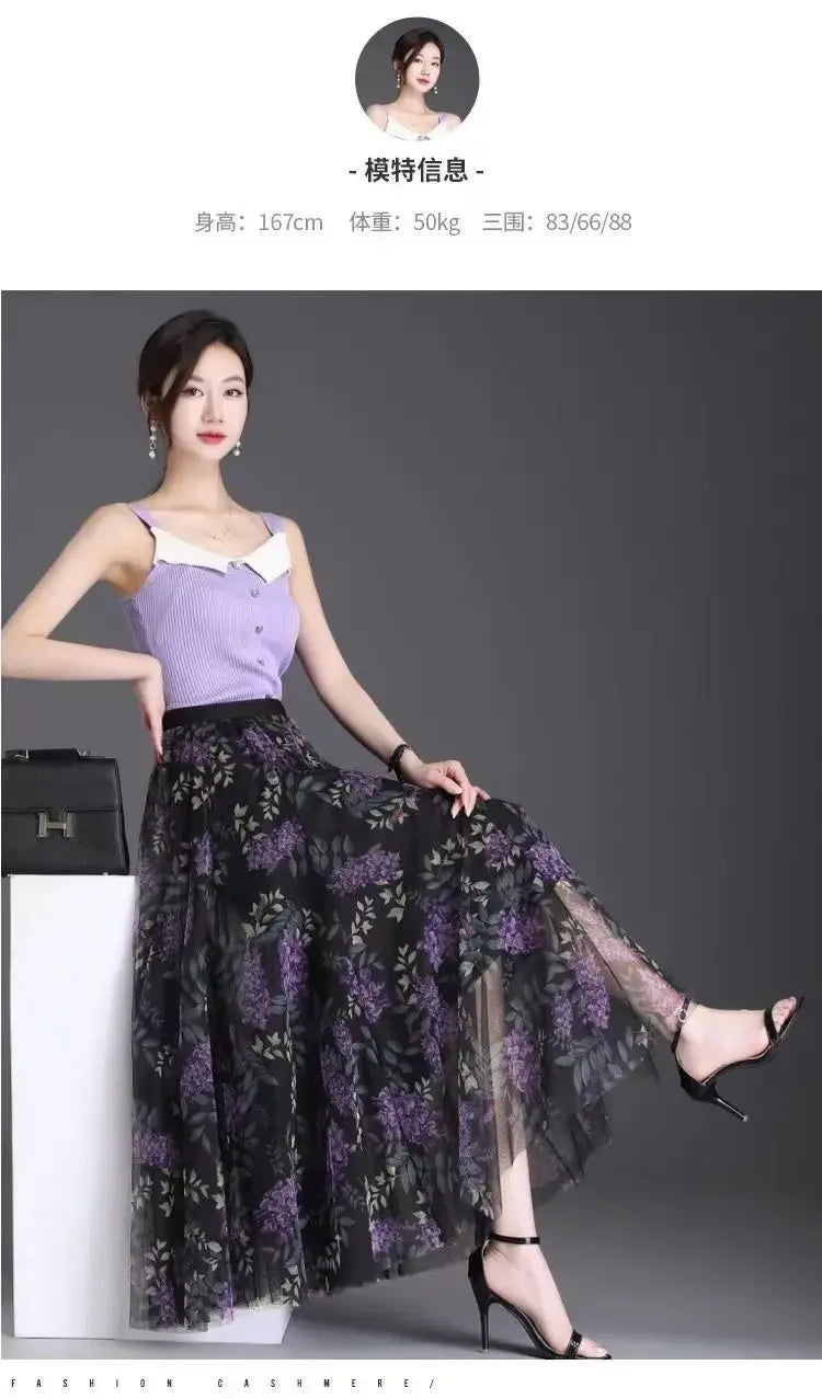 2025 High-waisted Slim Printed A-line Large Hem Skirt with Long Skirt Temperament, Fashionable and High-end