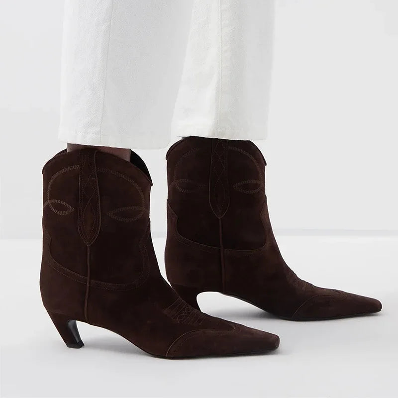 Embroidered Square Toe Cat Heel Western Cowboy Boots Woman Winter 2025 Slip-On Shaped Heel Slim Boots Fashion Shoes for Women