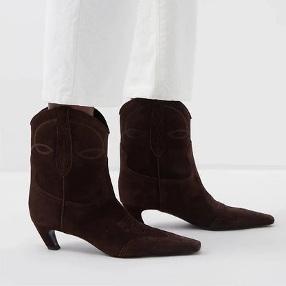 Embroidered Square Toe Cat Heel Western Cowboy Boots Woman Winter 2025 Slip-On Shaped Heel Slim Boots Fashion Shoes for Women