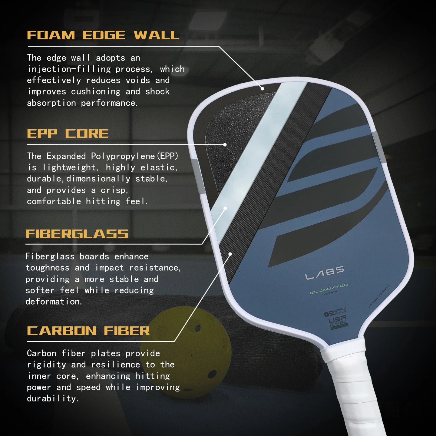 BoomCore Pickleball Paddle 16mm Anti-Skid Surface Design Solid Pattern Honeycomb Core Eco-Friendly Portable Nylon Carry Training