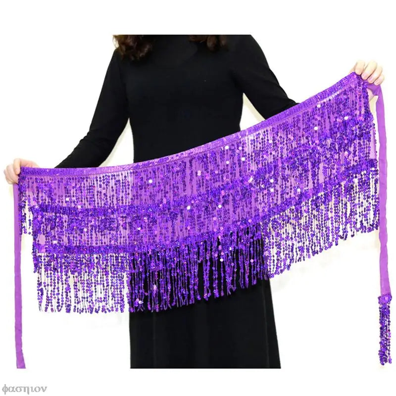 Sexy Women Belly Dance Hip Tutu Skirt Scarf Wrap Belt Glitter Sequins Tassel Hipscarf Skirt Sundress Costume Fringe Skirt Outfit