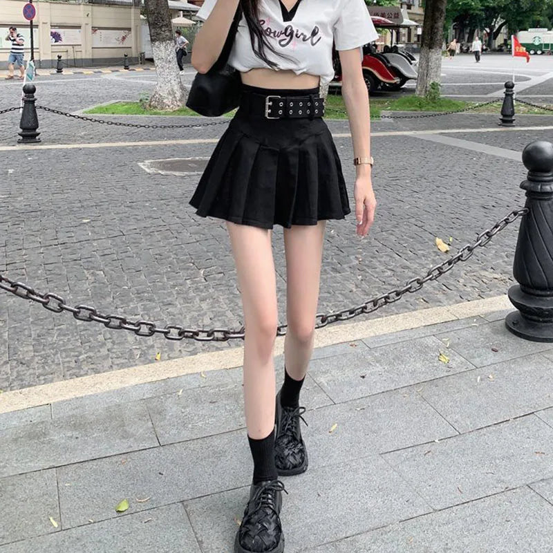 Lucyever Korean High Waist Pleated Skirts Women Summer Khaki Black with Belt A-Line Skirt Woman All-Match Streetwear Mini Skirt