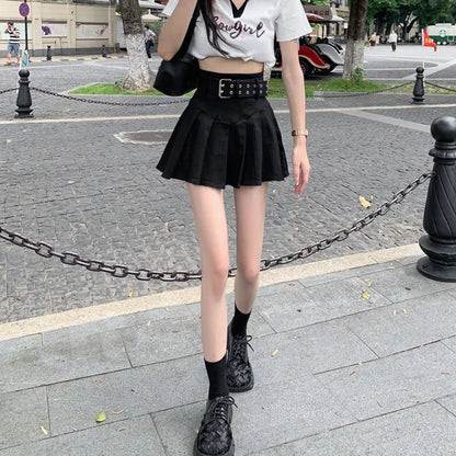 Lucyever Korean High Waist Pleated Skirts Women Summer Khaki Black with Belt A-Line Skirt Woman All-Match Streetwear Mini Skirt