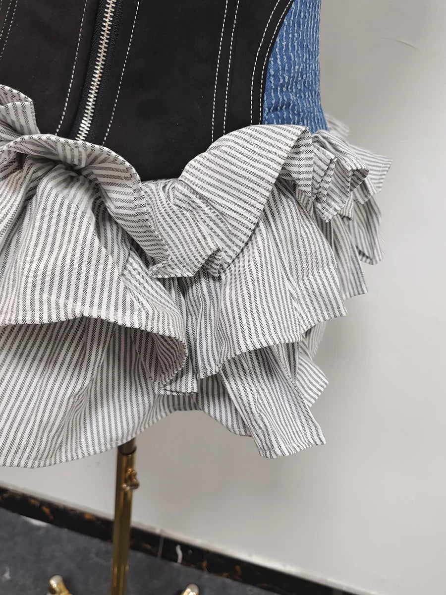 TWOTWINSTYLE Colorblock Slimming Spliced Lace Up Dresses for Women Halter Neck Sleeveless Patchwork Ruffles Fold Dress Female