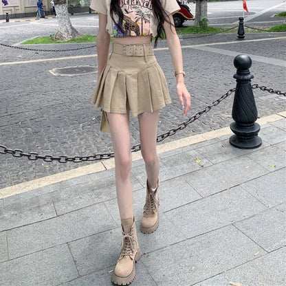 Lucyever Korean High Waist Pleated Skirts Women Summer Khaki Black with Belt A-Line Skirt Woman All-Match Streetwear Mini Skirt
