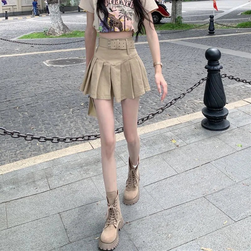 Lucyever Korean High Waist Pleated Skirts Women Summer Khaki Black with Belt A-Line Skirt Woman All-Match Streetwear Mini Skirt