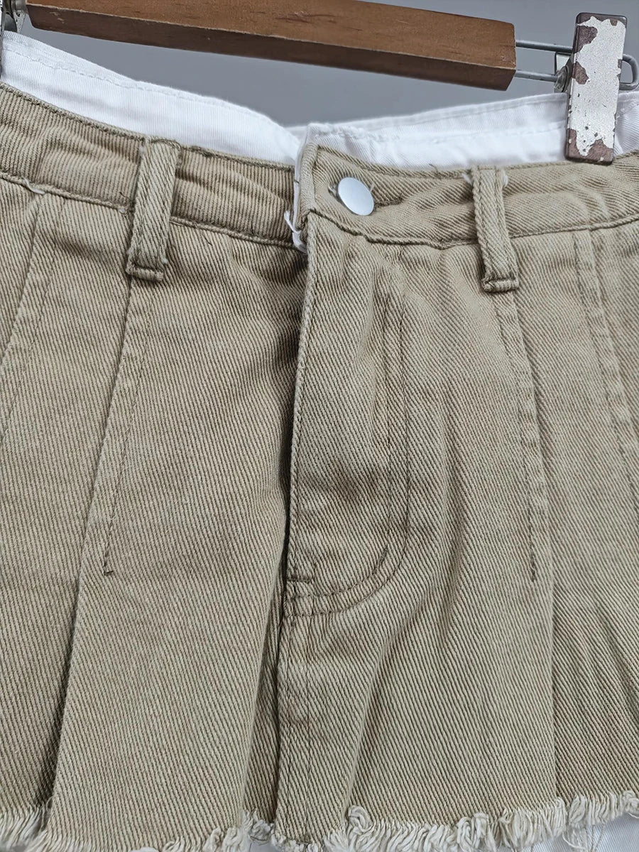 KBQ Temperament Slim Fit Denim Mini Slirts For Women High Waist Spliced Button Daily Casual Commute Skirt Female Fashion Style