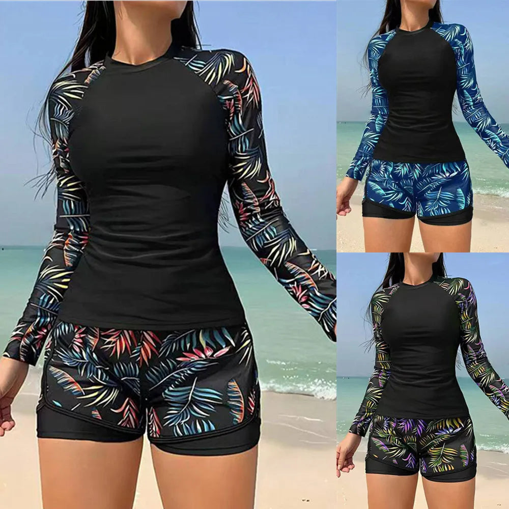 New 2026 Women's Vintage Print Swimsuit Rash Guards Long Sleeve Swimwear Surfing Sports Pool Swimming Suit Two-Piece Bath Suits