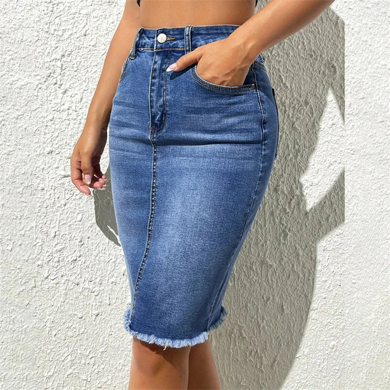 Fashion High Waist Denim Skirt Women Tassel Decoration Hem Wrap Hip Half-body Dress Female Summer Daily Casual Trend Streetwear