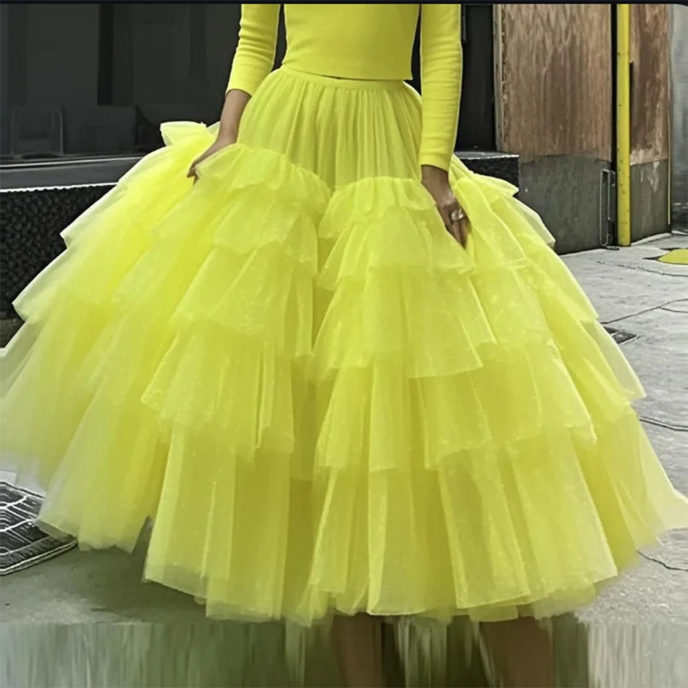 Yellow Extra Puffy Women Skirt Elastic Waist Tiered Long Skirt Girls Birthday Party Formal Wear High Waist  Custom Color Size