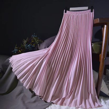 Womens Chic Pleated Swing Long Skirt with Liner Korean Fashion Kawaii Elastic High Waist OL Chiffon Shirring Mermaid Skirts K77