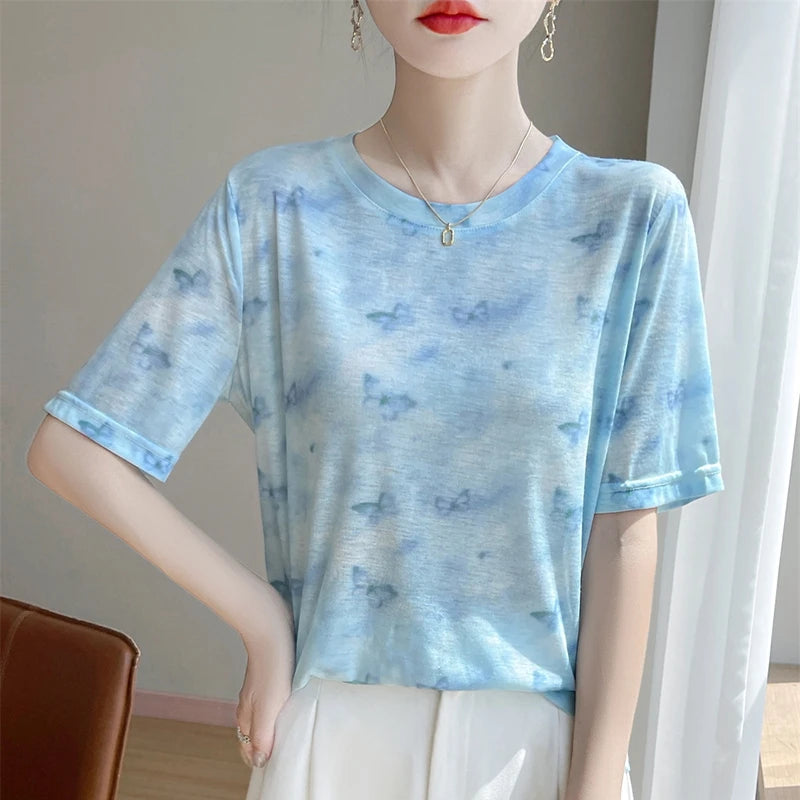 Spring And Summer New Lyocell Short Sleeve Sweater Loose Thin Half Sleeve T-shirt Printed Top