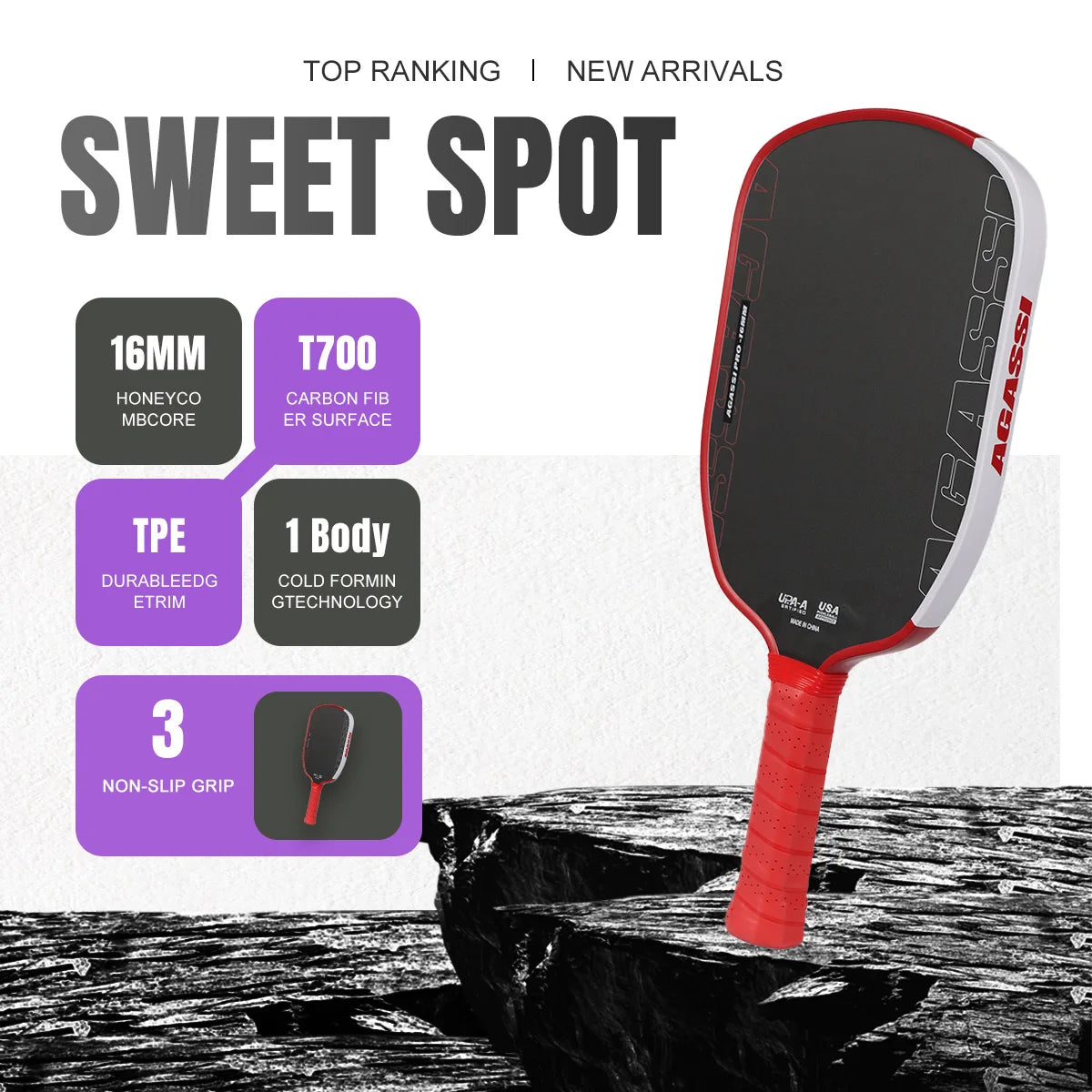 HVLKUB Agassi T700 Carbon Fiber Pickleball Paddle, 16mm PP honeycomb core, cold-pressed construction, extra-large sweet spot