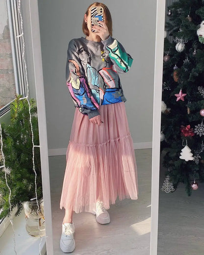 Hirsionsan Pleated Cake Skirts Women 2024 New Korean Harajuku Sweet Lace Skirt Ladies Elegant Party Ball Gown Female Mesh Skirt
