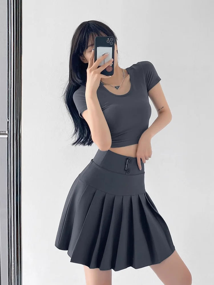 Mini Skirt Women Spring and Summer Original Letter Embroidery Elastic Waist Pleated Skirt A-line Skirt White Black