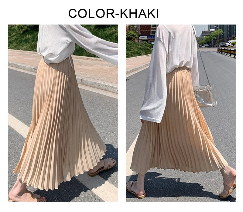 Womens Chic Pleated Swing Long Skirt with Liner Korean Fashion Kawaii Elastic High Waist OL Chiffon Shirring Mermaid Skirts K77