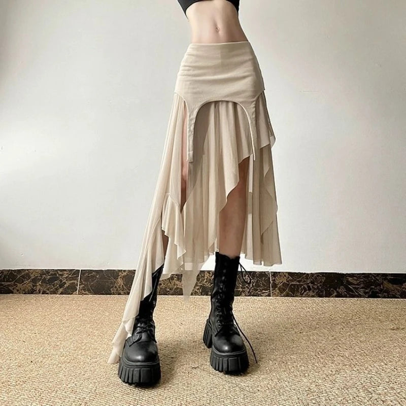 Deeptown Vintage Sexy Slit Skirt Women Y2k Elegant Irregular Sweet Ruffle Skirts Korean Style Tulle Streetwear Layered Skirts