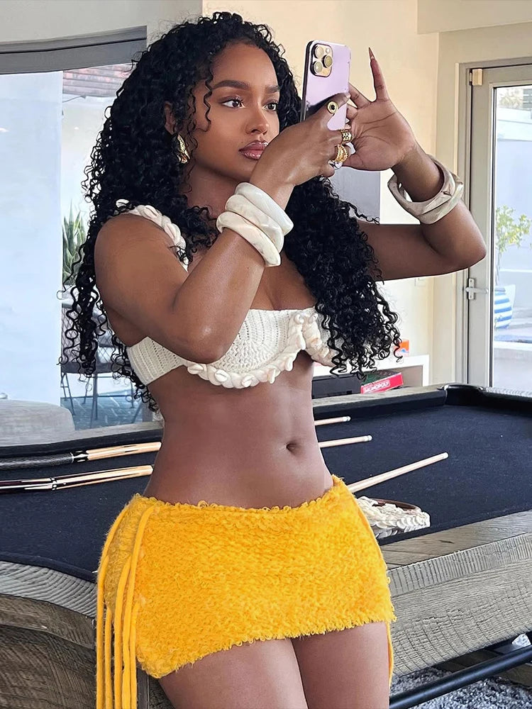 Nibber Basic Sexy Furry Side Tassel Skirts Women Y2K Peach Hip Summer Solid Wild Hipster Streetwear Skinny Midnoight Mini Bottom