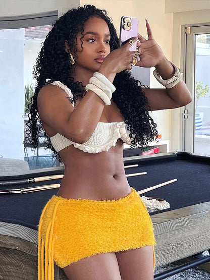 Nibber Basic Sexy Furry Side Tassel Skirts Women Y2K Peach Hip Summer Solid Wild Hipster Streetwear Skinny Midnoight Mini Bottom