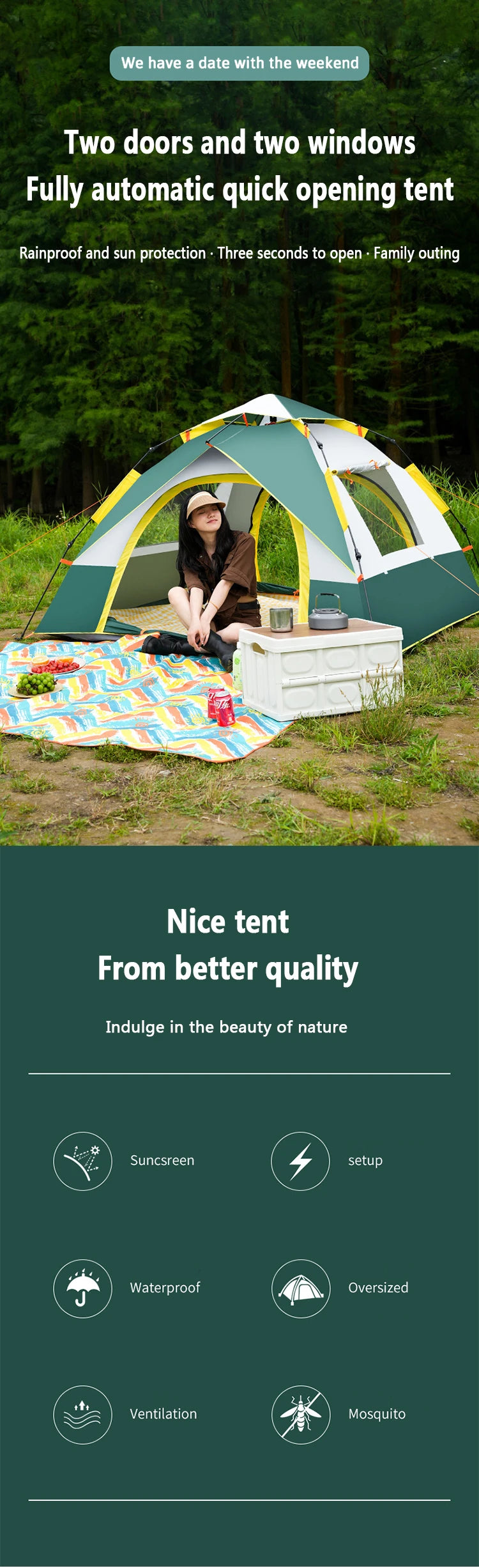 Tienda De Acampar Automatic Camping Tent 2-4 Person Family Tent Portable Backpacking Fully Automatic Tent For Hiking Travel