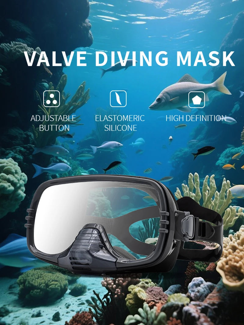 New Large Frame Diving Mask with Drain Valve|HD Tempered Glass Lens & Adjustable Silicone Strap,Swim Goggles,buceo, 수영,스노클링,마스크