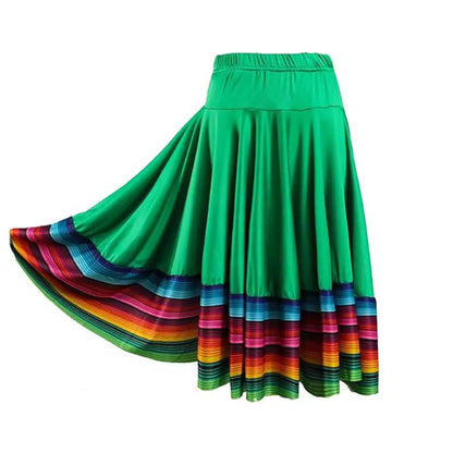 Midi Skirt Ladies Folk Dance Skirt Elastic High Waist Spanish Swing Skirt Rainbow Large Swing Hem Mexican Flamenco Dance Skirts