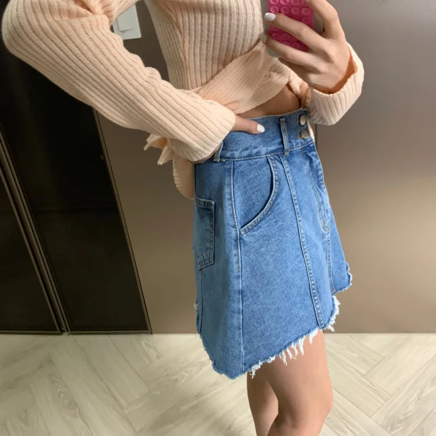 Chic High Waist A-Line  Skirt Women's Jeans ort Skirt Spring Vintage Slimming Splicing Hemming Girl's Faion Commute