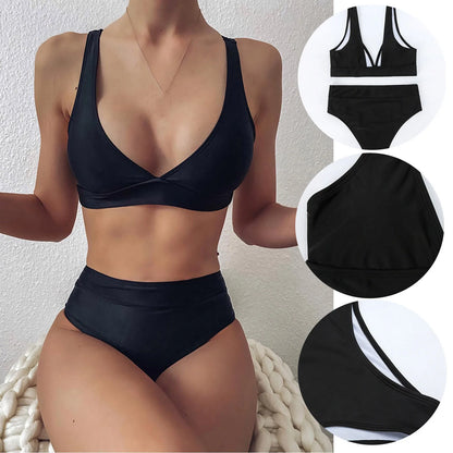 Women Solid Split Swimsuits Push Up Bar Patchwork Swimsuit Sexy Women'S Bikini Front Ruched High Rise Swimsuit Two Piece