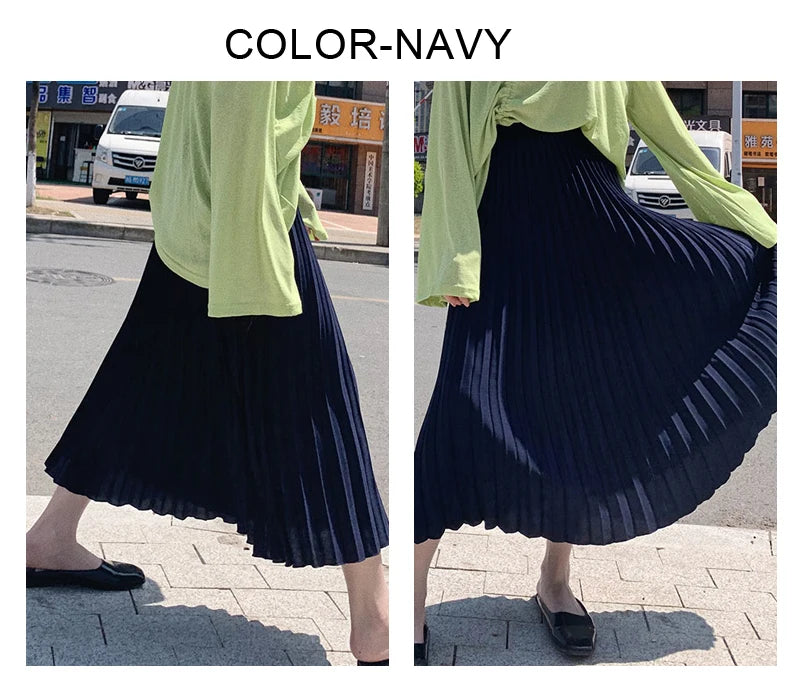 Womens Chic Pleated Swing Long Skirt with Liner Korean Fashion Kawaii Elastic High Waist OL Chiffon Shirring Mermaid Skirts K77