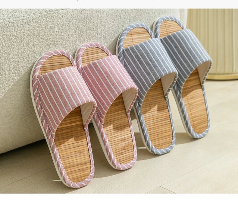 Striped Slippers Bamboo Women Autumn Home Couples Indoor House Non Slip Funny Sandals Shoes Male Soft Flat Summer For Tatami