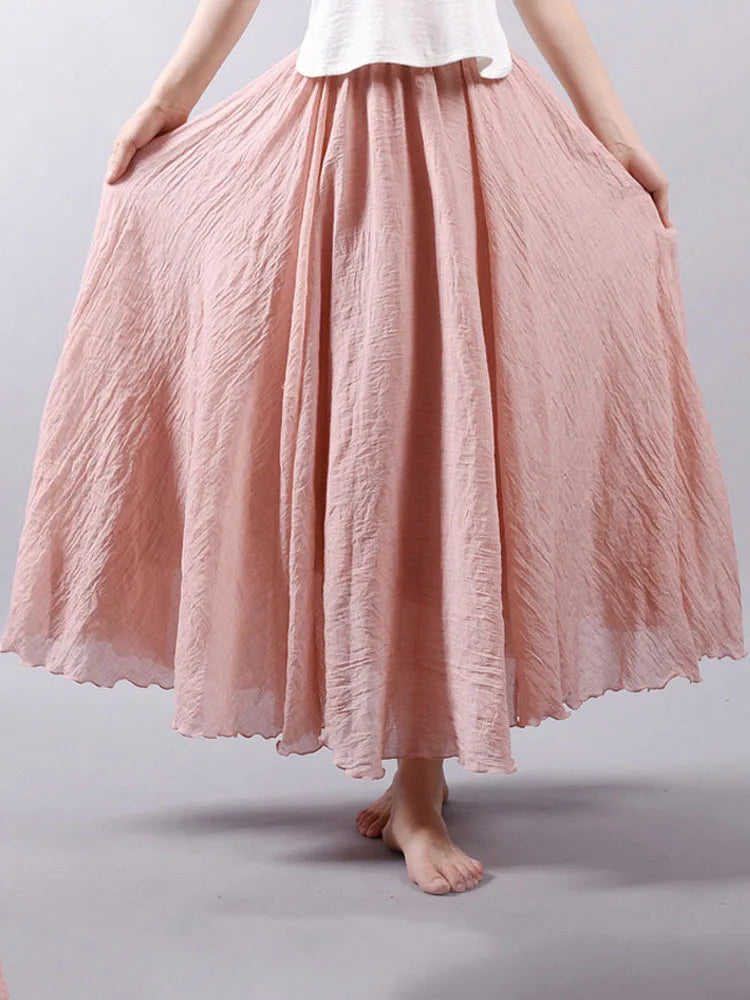 Women's Elegant High Waist Linen Maxi Skirt 2024 Summer Ladies Casual Elastic Waist 2 Layers Skirts saia feminina