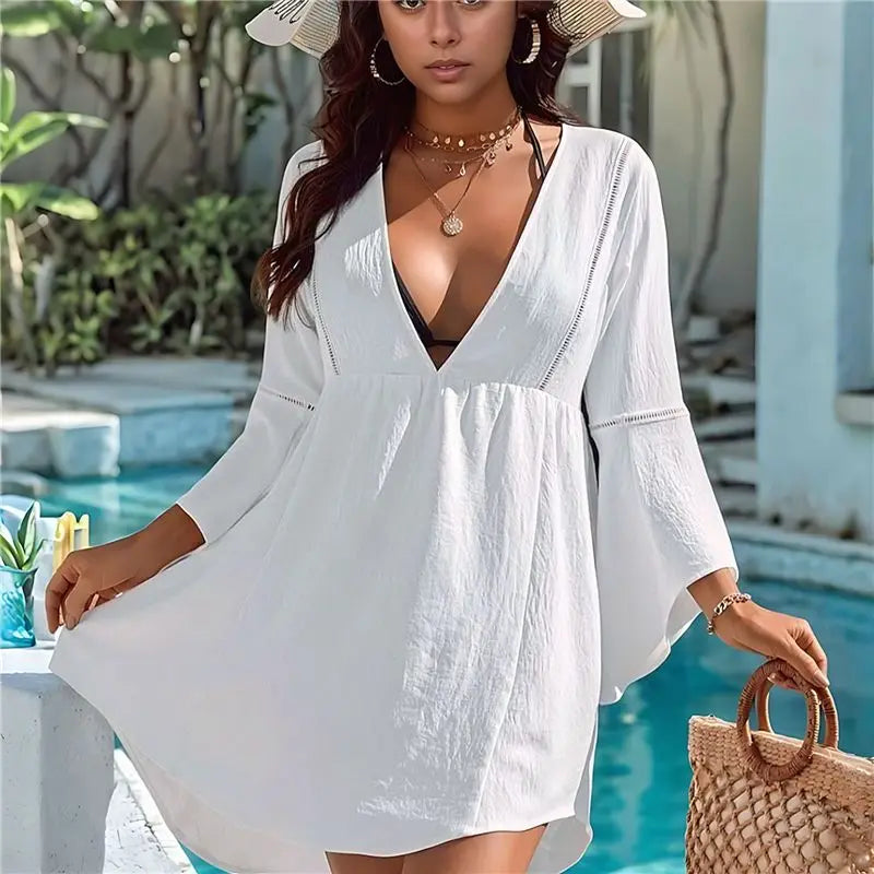 ABHT-Womens Swimsuit Coverup V Neck Chiffon Bathing Suit Beach Dress Flowy Swim Bikini Cover Up
