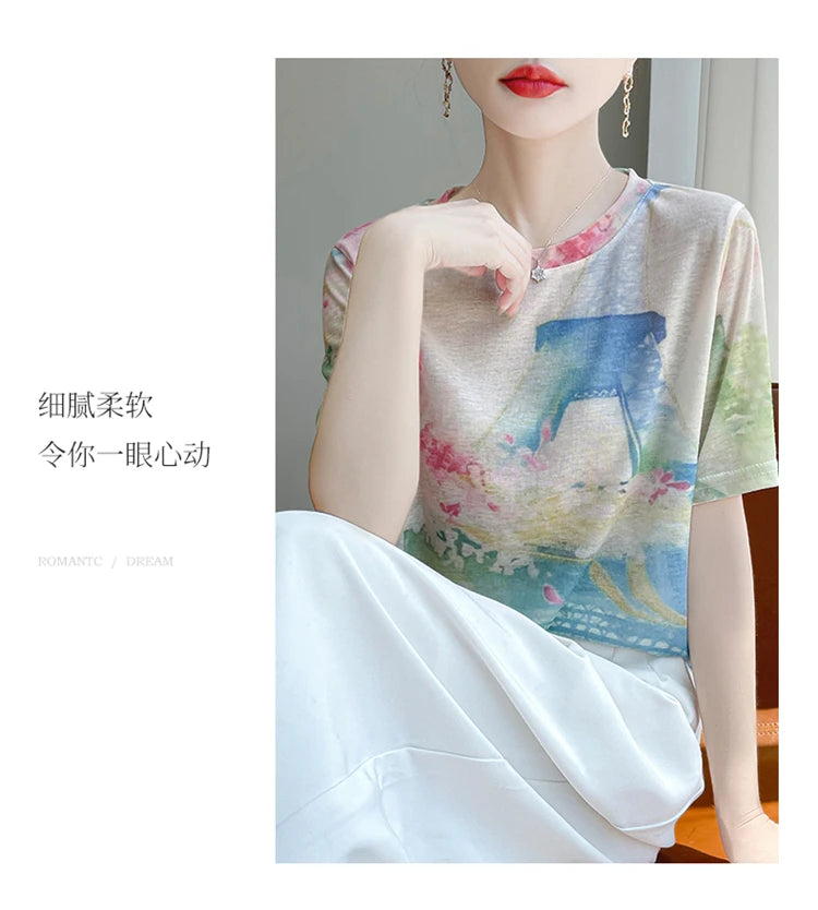 Spring And Summer New Lyocell Short Sleeve Sweater Loose Thin Half Sleeve T-shirt Printed Top