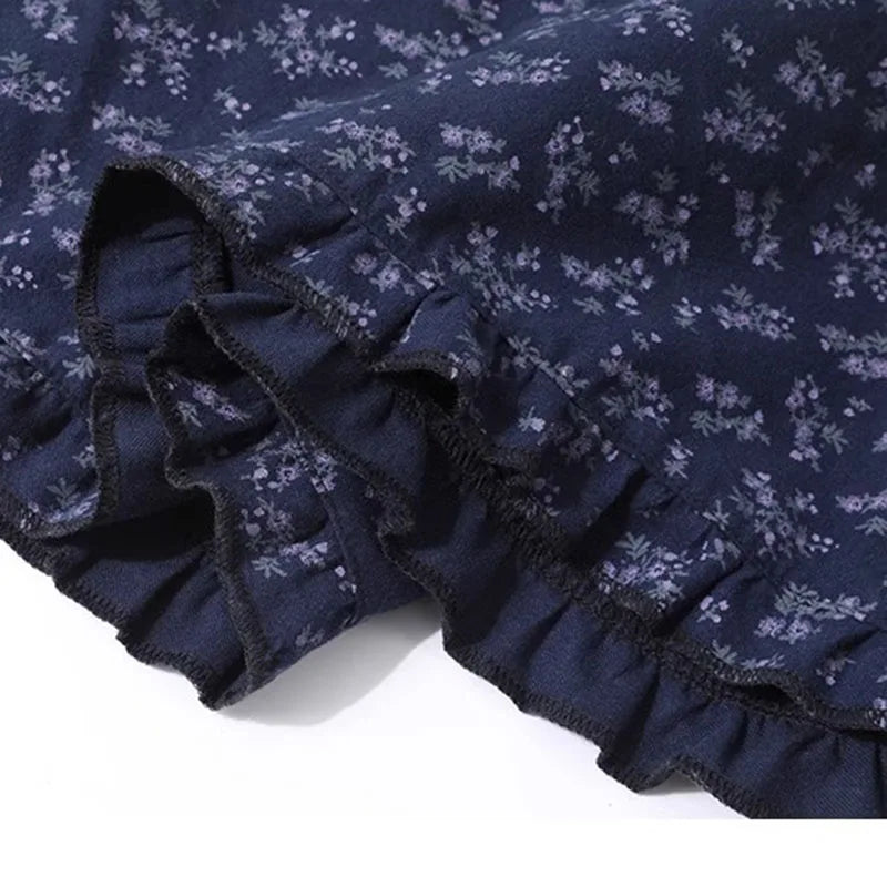 New Elegant Dark Blue Floral Women High-Waisted Retro Blue Floral Skirt Female A-line Skirt Casual Lazy Wind Long Skirt