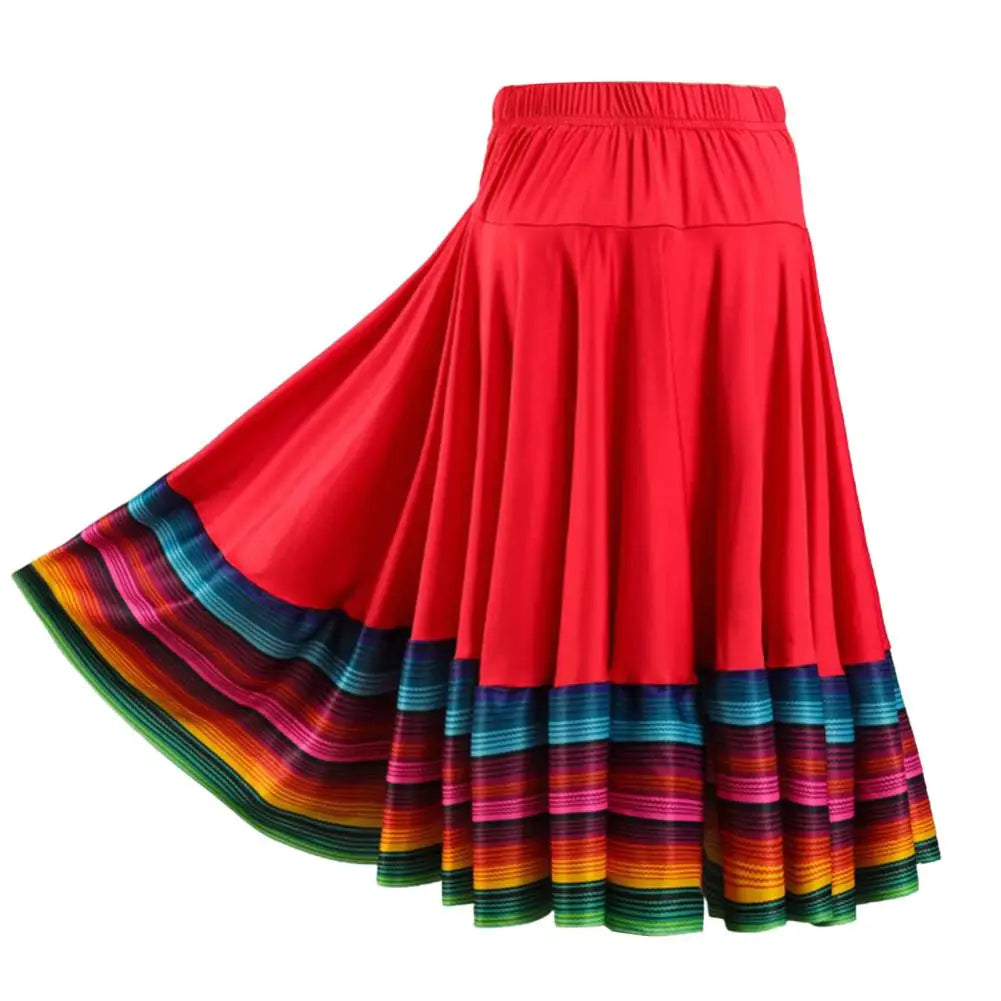 Midi Skirt Ladies Folk Dance Skirt Elastic High Waist Spanish Swing Skirt Rainbow Large Swing Hem Mexican Flamenco Dance Skirts