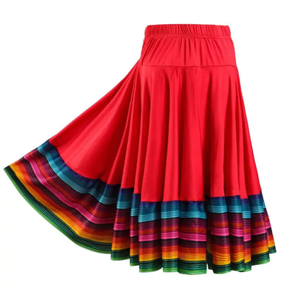 Midi Skirt Ladies Folk Dance Skirt Elastic High Waist Spanish Swing Skirt Rainbow Large Swing Hem Mexican Flamenco Dance Skirts