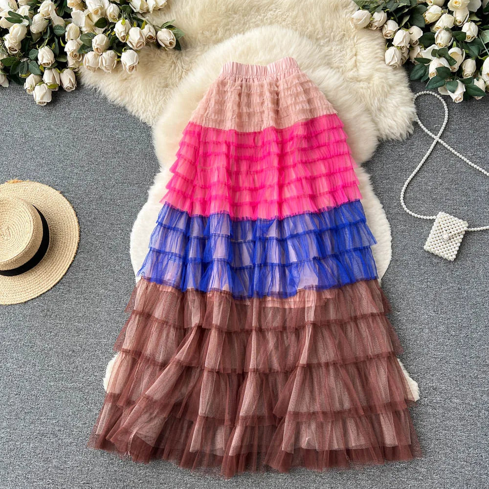 Voille Skirts Women Gradient Y2k High Waist Elastic Jupe Ladies Tulle Mujer Faldas Ruffles Long Female Mesh Skirt Dropshipping
