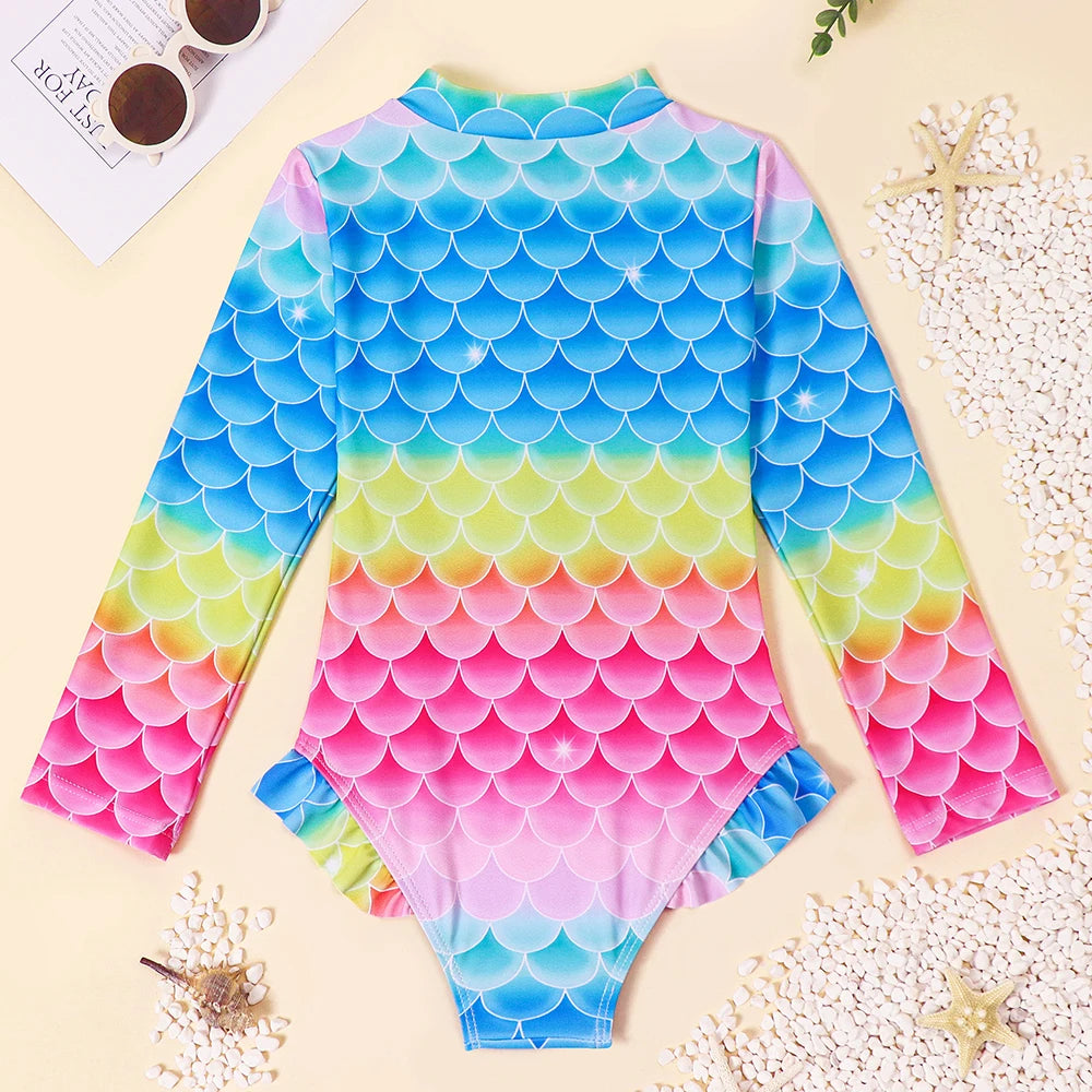 Girls Long Sleeve Swimwear One Piece Swimsuits Kids Striped Rainbow Bathing Suit Hawaiian Beach Swim Shirts for Surfing